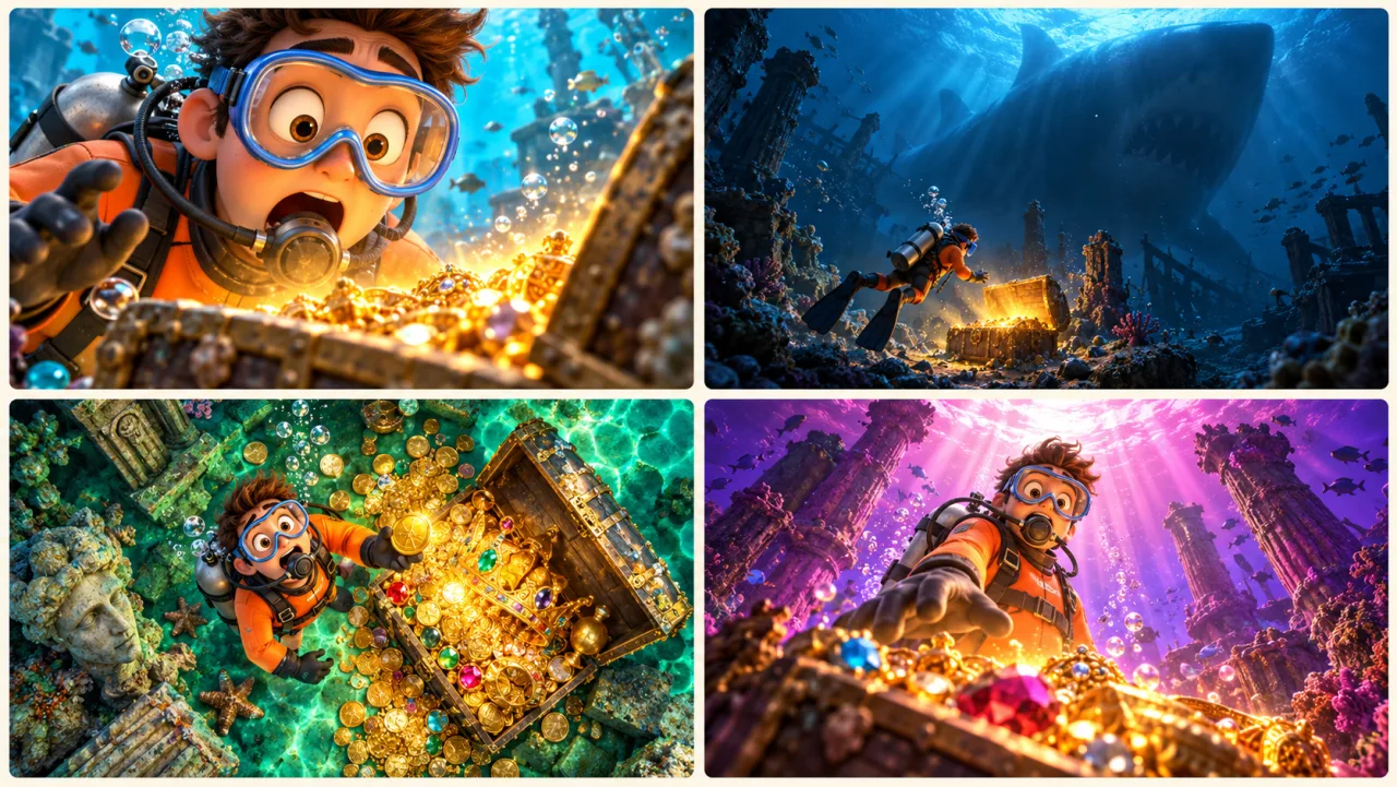 Four versions of one diving thumbnail idea: a close-up face, a shark shadow, a top-down chest and a low angle