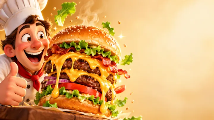 YouTube thumbnail: grinning chef next to a giant burger dripping with cheese