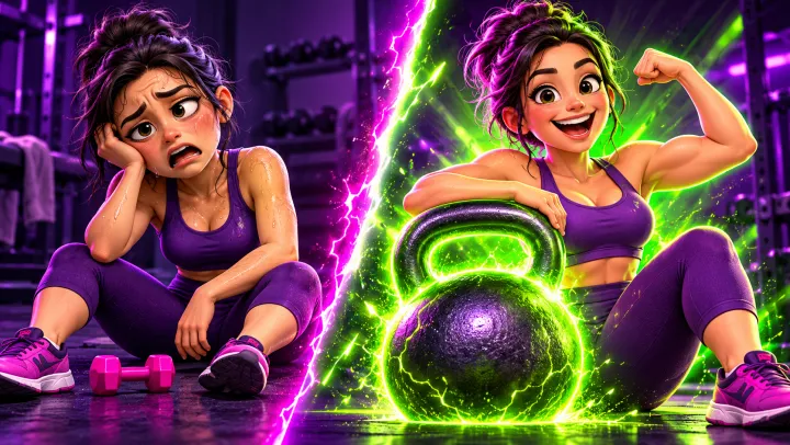 YouTube thumbnail: tired athlete beside the same athlete flexing next to a giant kettlebell