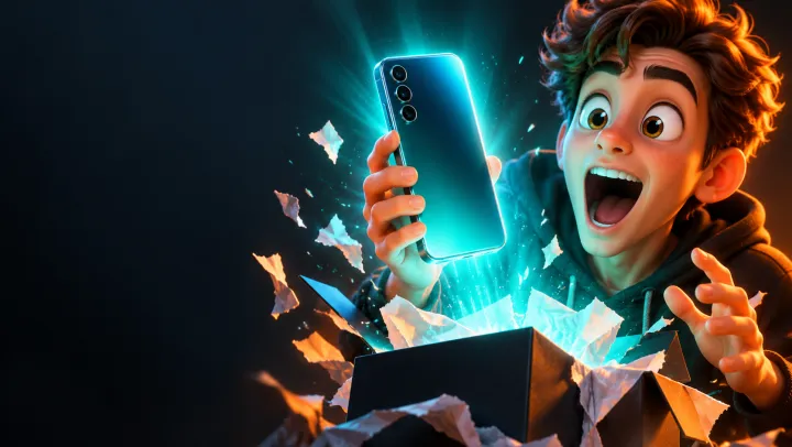 YouTube thumbnail: shocked creator unboxing a glowing new phone on a dark background