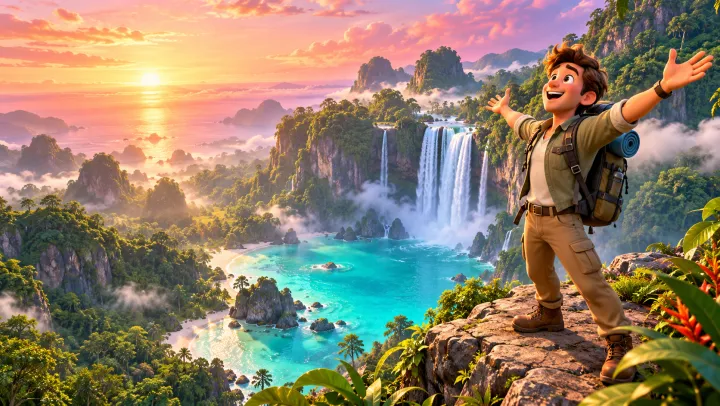 YouTube thumbnail: explorer cheering on a cliff above a turquoise lagoon at sunrise